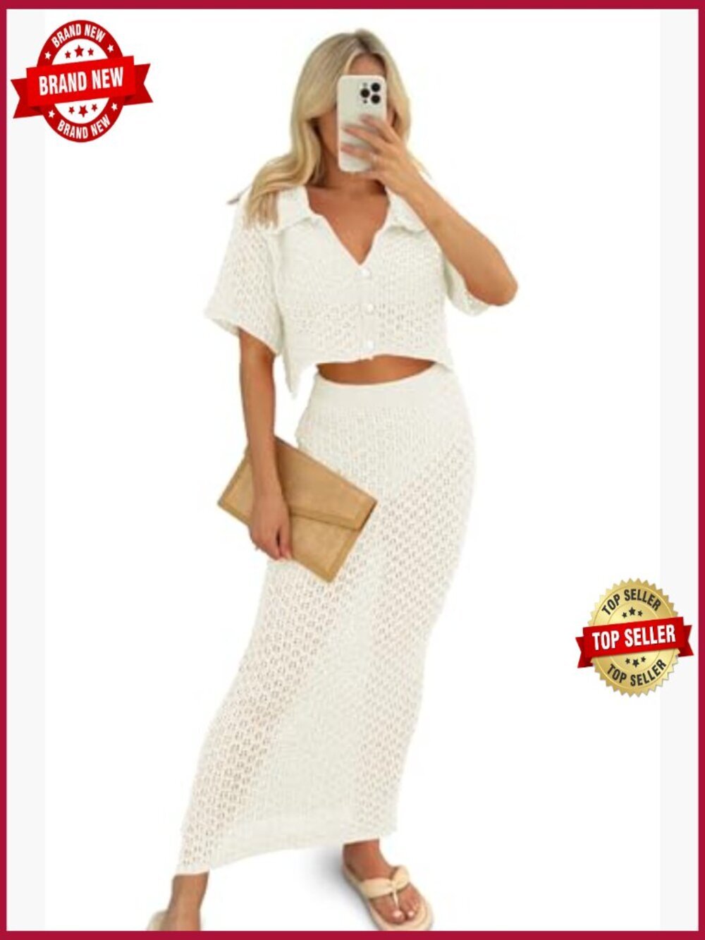 Knit Crochet Beach Cover Up Set Crop Top Bodycon Skirt 2 Piece Outfits - Picture 2 of 7